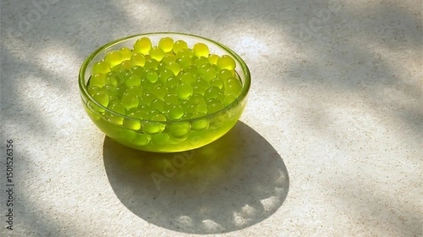 Obraz Summer Solstice: Traditional green mung bean dessert in translucent bowl under soft