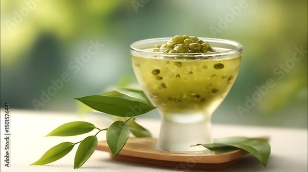 Obraz Summer Solstice: Traditional green mung bean dessert in translucent bowl under soft