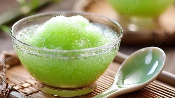 Obraz Summer Solstice: Traditional green mung bean dessert in translucent bowl under soft