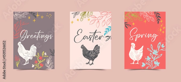 Fototapeta Spring Chickens and Botanicals Vector Cards Set