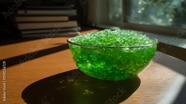 Obraz Summer Solstice: Traditional green mung bean dessert in translucent bowl under soft