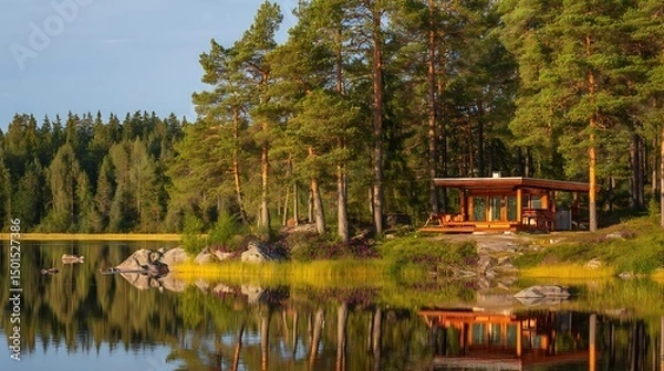 Obraz Summer Solstice: Wooden sauna beside calm lake bathed in golden solstice evening