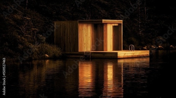 Obraz Summer Solstice: Wooden sauna beside calm lake bathed in golden solstice evening
