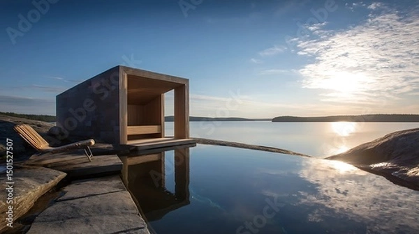 Obraz Summer Solstice: Wooden sauna beside calm lake bathed in golden solstice evening
