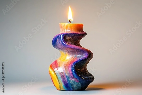 Fototapeta Burning colorful swirled candle on light background