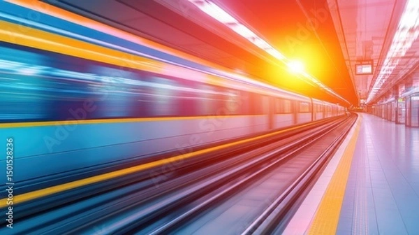 Fototapeta A high-speed train rushes through a modern, brightly lit station with vibrant colors and motion blur.