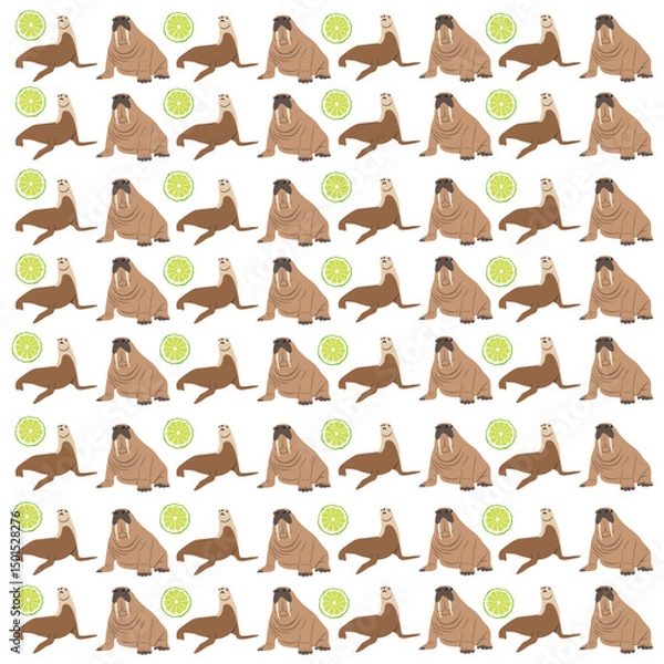 Fototapeta walrus, seal with fruit as a pattern background