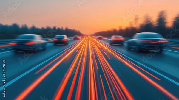 Fototapeta Multiple cars speed along a highway at sunset, with light trails emphasizing motion and a blurred background of trees and sky.