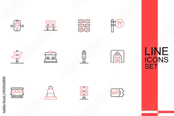 Fototapeta Set line Train ticket, Railroad crossing, Traffic cone, Passenger train cars, railway tunnel, traffic light, Railway station and Road sign icon. Vector