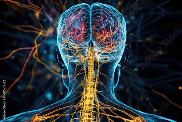 Fototapeta Human brain anatomy with nervous system and spinal cord