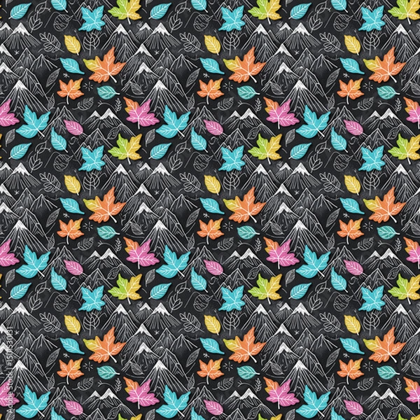 Fototapeta Seamless tileable pattern of chalk leaves and mountains texture
