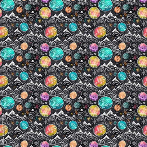 Fototapeta Seamless tileable pattern of chalk leaves and mountains texture
