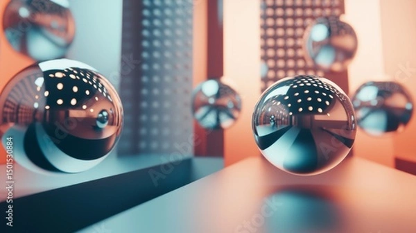 Obraz Abstract 3D spheres and cubes in futuristic pastel scene