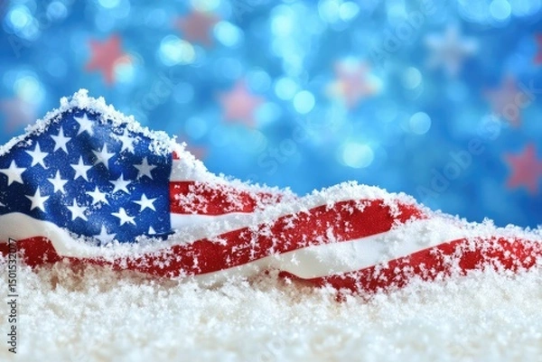 Fototapeta Snow covered american flag winter holiday background