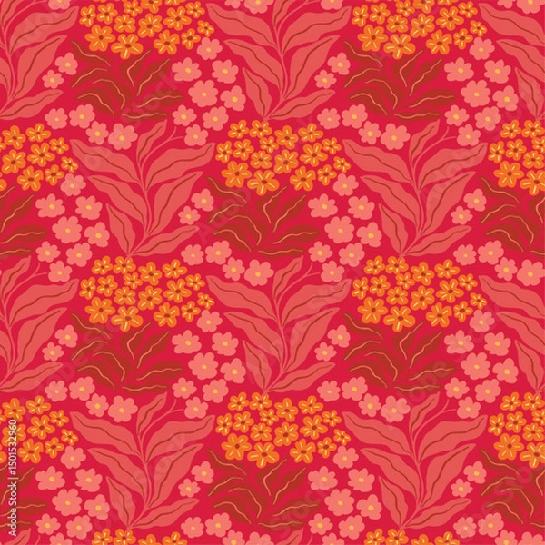 Obraz Seamless vector pattern with vibrant flowers on a bright pink background. Colorful and lively floral design ideal for fabric, gift wrap, wallpaper, and cheerful decorative projects.