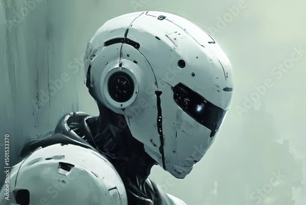 Fototapeta A Weathered White Robot Stands Pensively Alone