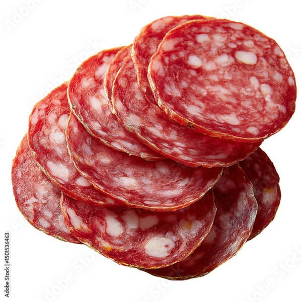 Fototapeta Sliced salami ready to serve, perfect for a gourmet appetizer, with visible textures and rich color 