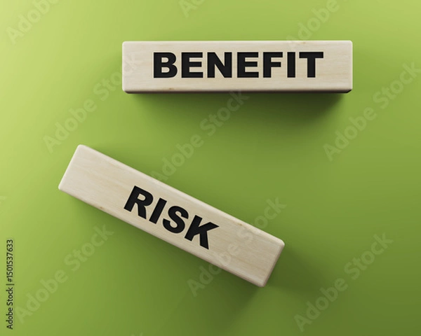 Fototapeta 3d render illustration of wooden block with word text benefit and falling risk block