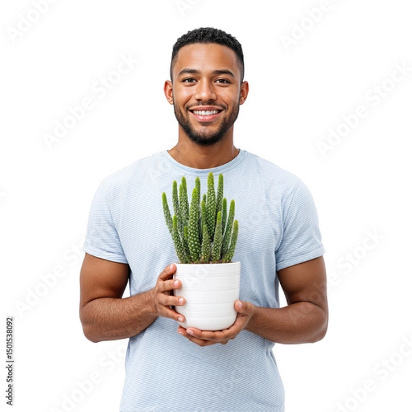 Obraz A young man stands confidently while holding a potted cactus, radiating joy and enthusiasm for indoor gardening. The bright setting emphasizes a love for nature and home decor.