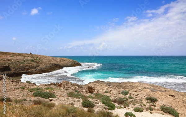 Obraz Aerial panoramic view of the natural rocky coastline of the Mediterranean Sea in the area of ​​HaBonim Beach Nature Reserve, Israel