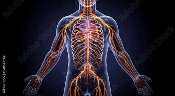 Fototapeta Human Nervous System Anatomy: Detailed 3D Model of the Nerves and Spinal Cord