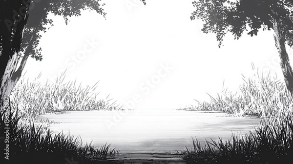 Obraz A tranquil monochrome illustration depicts a serene pond landscape