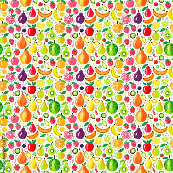 Fototapeta Seamless tileable pattern of colorful crayon fruits texture
