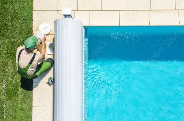 Fototapeta Pool Maintenance Being Performed on a Sunny Day in a Backyard With Clear Water and Green Grass