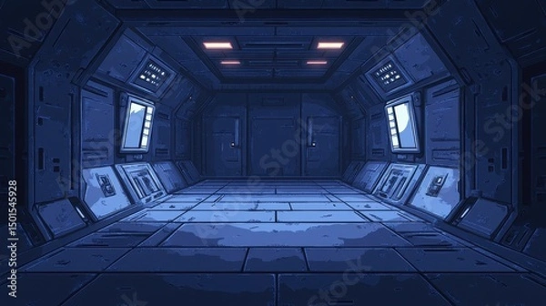 Fototapeta Futuristic spaceship interior corridor with screens and glowing lights