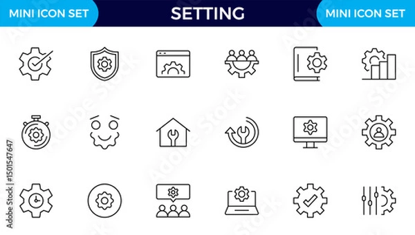 Fototapeta Settings, icon set. Containing options, configuration, preferences, adjustments, operation, gear, control panel, equalizer, management, optimization and productivity icons.