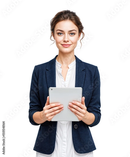 Obraz Confident young woman stands straight, holding a tablet. Dressed in a smart blazer and white shirt, her expression shows readiness for communication or presentation in a professional environment.