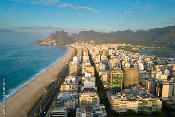 Fototapeta Aerial View of Ipanema and Leblon Beach and District With Mountains in the Horizon in Rio de Janeiro, Brazil