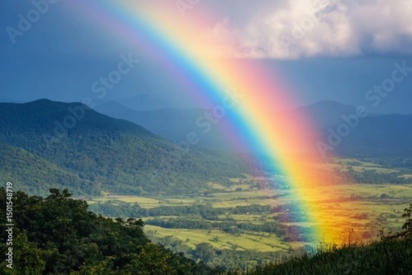 Fototapeta A stunning rainbow stretches across a verdant valley after a refreshing summer rain. The natural landscape shows rolling hills and vibrant greenery under a dramatic sky