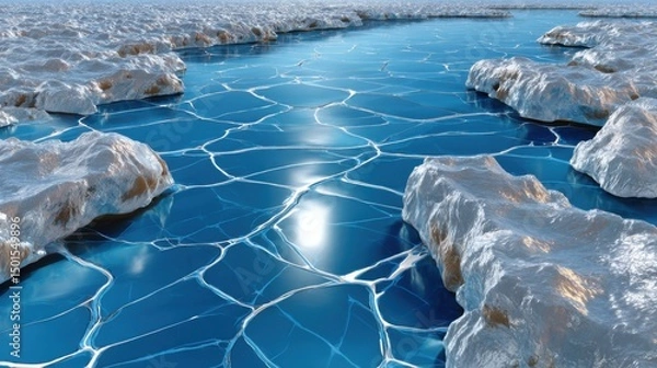Fototapeta Artistic Digital Creation of a Glacial Ice Lake with Cracked Surface and Surrounding Icebergs in a Cold Environment