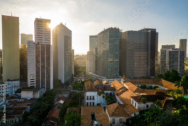 Fototapeta Rio de Janeiro Downtown Skyline on Sunrise With Office Buildings and Saint Anthony Convent Below