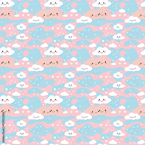 Fototapeta Cute Friendly Clouds Pattern on Pink Sky Background for Kids
