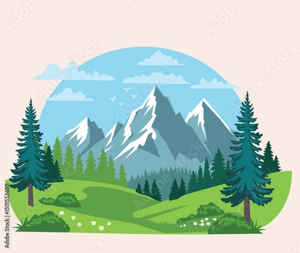 Fototapeta  panorama with mountains skyline,  pine and valley silhouettes.