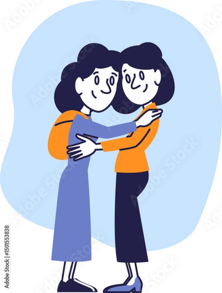 Obraz Emotional Hug Between Two Female Friends, Cartoon Style Illustration