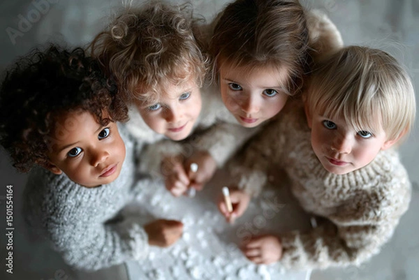 Obraz Diverse Group of Children in Cozy Sweaters Looking Up – Childhood Concept