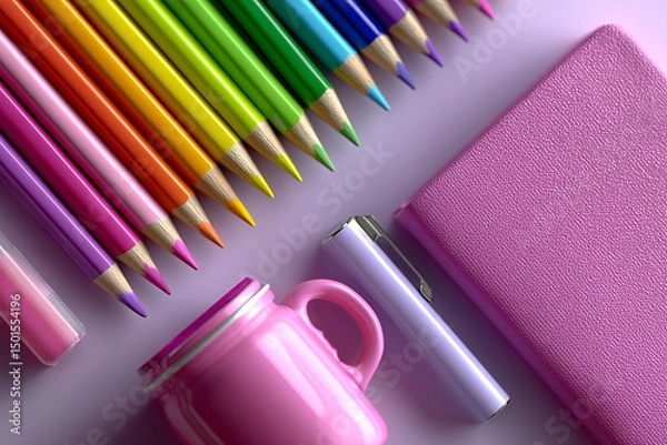 Obraz Flat Lay of School Supplies with Rainbow Colors on Pink Background