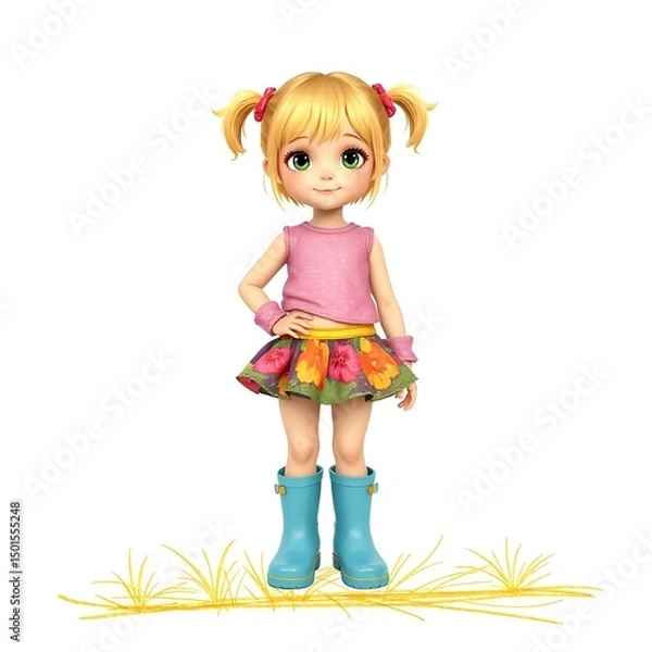 Fototapeta Cartoon characters childrens, Blonde Girl with Ponytails and Rain Boots.