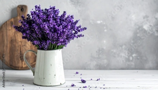 Obraz Rustic Lavender Bouquet in a White Ceramic Pitcher