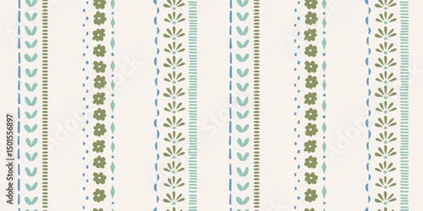Fototapeta Seamless pattern with ink doodle abstract flowers and strokes in vertical stripes. Trendy cottage core background. Hand drawn vector illustration. Boho, beach, preppy wallpaper.