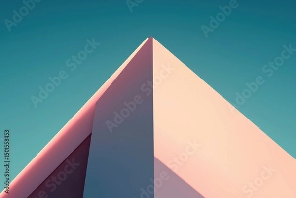 Fototapeta Abstract geometric composition with three-dimensional pink and purple triangle on teal background