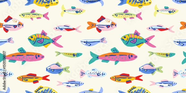 Fototapeta Seamless pattern with Hand drawn ink vector fishes. Conceptual, naive marine sketch.  Element for poster, social media, banners, invitation, textile design. Trendy abstract sardine background.