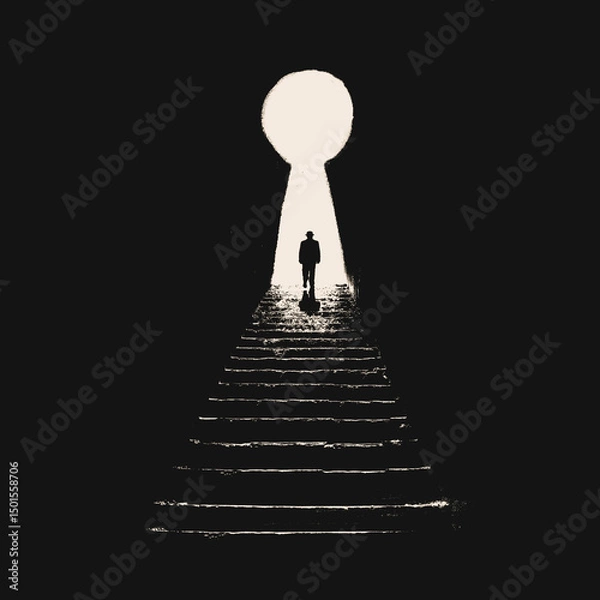 Obraz Man Climbing Stairs Toward a Keyhole-Shaped Door of Light – Symbolic Illustration of Escape and Awakening