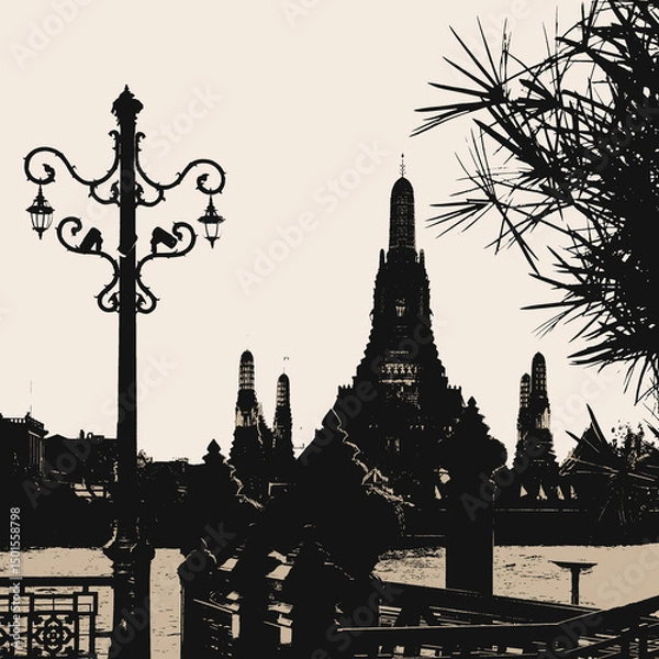 Obraz Wat Arun Temple and Bangkok Skyline – Artistic Illustration of Thailand’s Cultural Landmark