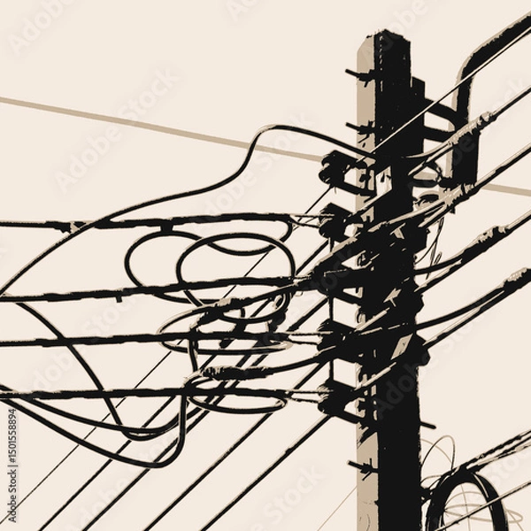 Obraz Illustration of Tangled Power Lines on a Utility Pole, Urban Wire Patterns Against the Sky