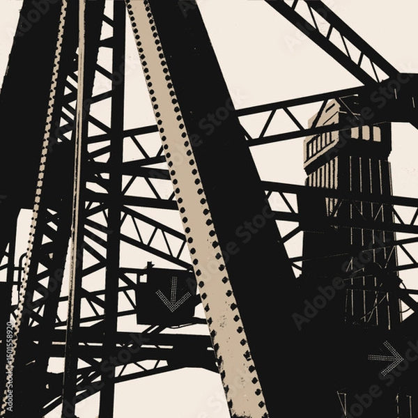Obraz Geometric Patterns Formed by Iron Bars of a Bridge, Industrial Structural Illustration