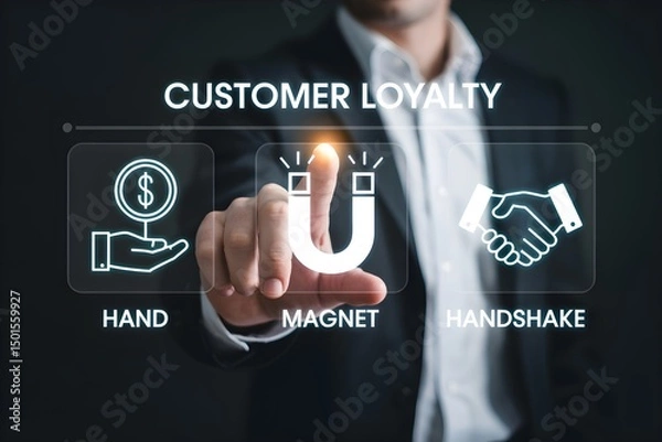 Fototapeta Customer Loyalty and Retention Concept – Businessman Touching Loyalty Icons on Virtual Screen Representing Strong Brand Relationships